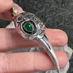 Raven or Crow Skull and Faceted Green Gem Pendant Stone Crystal Jewelry